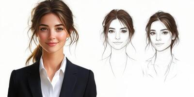 Young woman in a formal outfit alongside artistic sketches showcasing different facial expressions photo