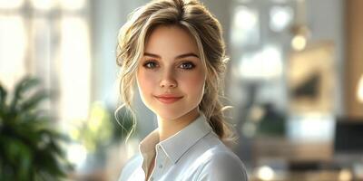 Professional woman with friendly smile in bright office setting during daytime photo
