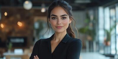 Professional woman confidently posing in a modern office environment during daylight hours photo