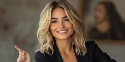 Smiling woman with blonde hair gestures towards a background artwork in a bright indoor space during daylight photo