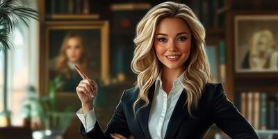 Business professional with a confident smile in an elegant office surrounded by portraits and books photo