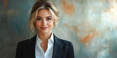 Beautiful woman in formal attire poses with a confident smile against a textured background photo