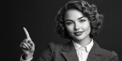 Confident woman gestures with her finger while showcasing a stylish vintage outfit in a monochrome setting photo