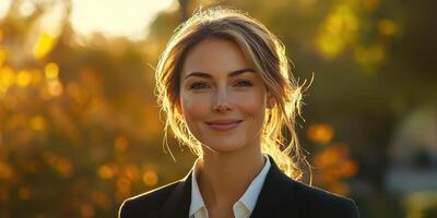 Smiling woman stands in a sunlit park during autumn with a warm, golden background photo
