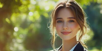 Bright smile of a young woman in a lush green park during sunny afternoon photo