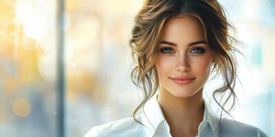 Young woman with beautiful smile stands by a window in a bright indoor setting during the daytime photo