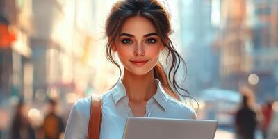 Young woman using laptop outdoors in a bustling urban environment during daytime photo