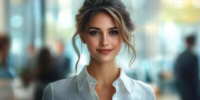 Young woman smiles confidently in a modern cafe during a busy afternoon, showcasing a stylish and approachable demeanor photo