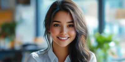 Young woman smiling in a bright cafe with natural light and greenery photo