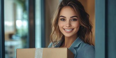 Smiling woman welcomes a delivery at her home on a sunny afternoon photo