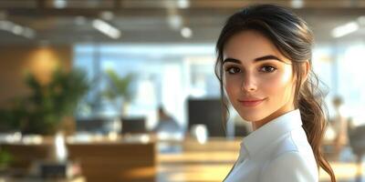 Professional woman smiling in modern office during daylight with colleagues in background photo
