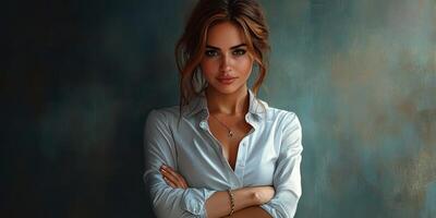 Young woman poses confidently with arms crossed against a textured backdrop in a softly lit room photo