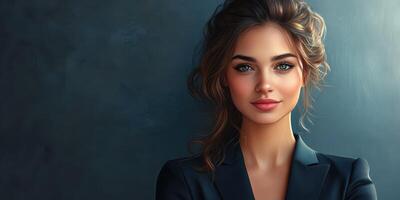 Confident young woman poses elegantly in a professional environment against a dark background photo