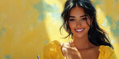 Smiling woman in a bright yellow dress with a joyful expression against a colorful background photo