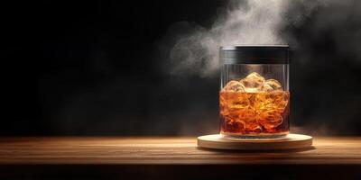 Smoky cocktail with ice cubes presented in a glass jar on a wooden table in a dimly lit setting photo