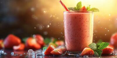 Refreshing strawberry smoothie served with fresh mint leaves and ice on a wooden surface in a bright setting photo