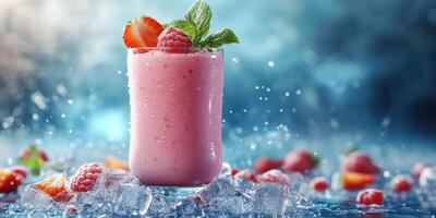 Refreshing mixed berry smoothie served with ice and garnished with mint in a vibrant, cool setting photo