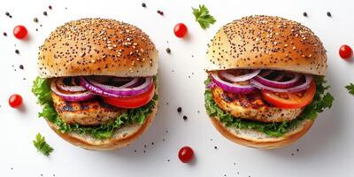 Juicy grilled chicken burgers with fresh toppings and spices served on a white background photo