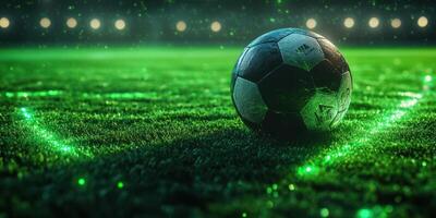 Soccer ball on illuminated green field with glowing markings during nighttime event photo