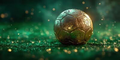 Golden soccer ball resting on vibrant green grass under soft lighting during an evening match photo