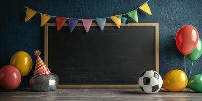 Colorful birthday decorations with balloons, a soccer ball, and a chalkboard ready for messages in a festive indoor setting photo