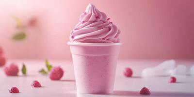 Delicious soft serve raspberry swirl dessert served in a cup with sprinkles on top surrounded by fresh raspberries photo