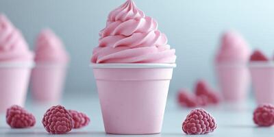 Delicious pink raspberry swirl frozen dessert in a cup with fresh raspberries scattered around photo