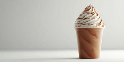 Delicious dessert served in a clear cup with whipped cream and cinnamon topping in a cozy indoor setting photo