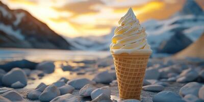 Delicious soft serve ice cream cone on rocky shore at sunset with mountains in background photo