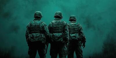 Soldiers preparing for a mission in a foggy environment during twilight hours photo