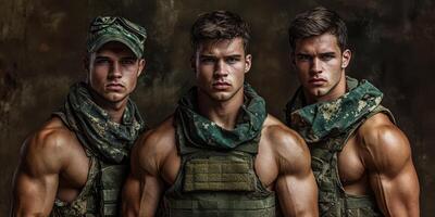 Three muscular soldiers pose for a portrait in tactical gear against a dark backdrop during a military training session photo