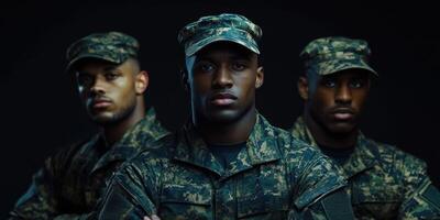 Portrait of soldiers in uniform displaying camaraderie and strength in a studio setting photo