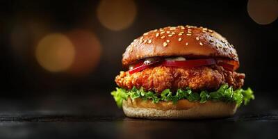 Delicious crispy chicken sandwich with fresh lettuce and tomato served on a soft sesame seed bun photo