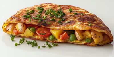 Delicious vegetable omelet filled with colorful ingredients served on a white plate photo