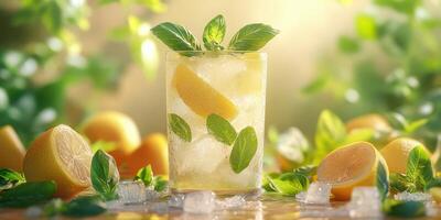 Refreshing lemonade drink with mint garnishes sits on a table surrounded by fresh lemons and ice cubes in bright sunlight photo