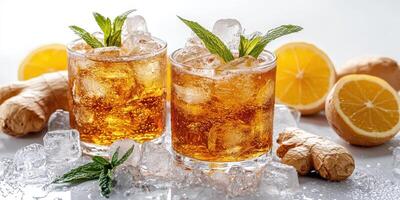 Refreshing ginger drinks served with ice and lemon slices on a clean white background photo