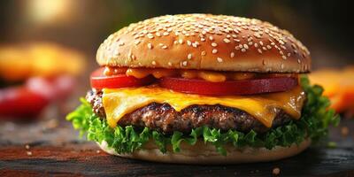 Juicy cheeseburger with fresh vegetables served on a sesame bun ready for enjoyment at a casual dining setting photo