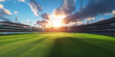 Cricket stadium illuminated by sunset with lush green field and vibrant sky photo