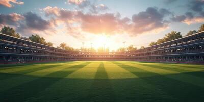 Stadium at sunset with vibrant grass and clouds in the sky during an evening sporting event photo