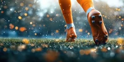 Bright orange soccer cleats kick up grass and dirt during an exciting game in soft evening light photo