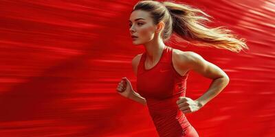 Female runner in red athletic wear sprinting against a vibrant red background during a morning workout session photo