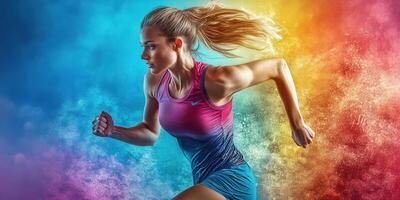 Dynamic female runner in action with colorful dust clouds at a vibrant outdoor setting photo