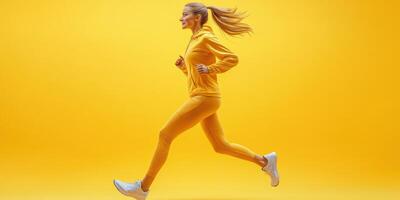 Dynamic woman running energetically in bright yellow athletic wear against a vibrant yellow background photo