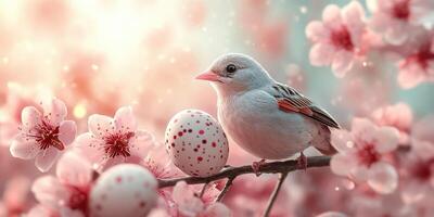 Softly colored bird perched beside decorative eggs among delicate cherry blossoms in springtime setting photo