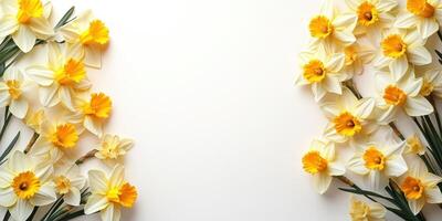Delicate yellow and white daffodils arranged on a light background for a springtime celebration photo