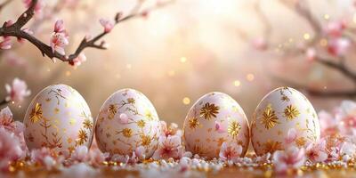 Decorative eggs placed among cherry blossoms celebrate spring and renewal in a serene, pastel setting photo