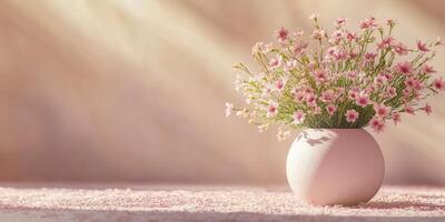 Delicate pink flowers in a simple round vase on a soft background during natural daylight photo