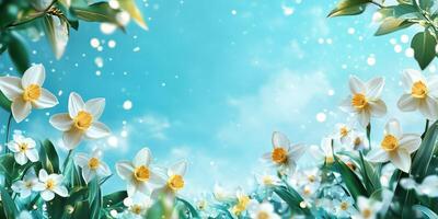 Beautiful field of blooming white and yellow flowers under a bright blue sky on a sunny day photo