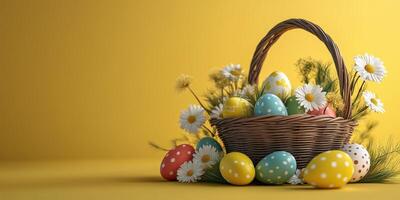 Colorful Easter eggs in a wicker basket surrounded by daisies on a bright yellow background photo