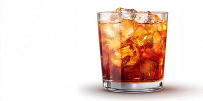 Refreshing dark beverage served in a glass filled with ice cubes on a plain background photo